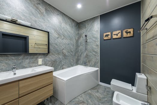Contemporary bathroom featuring a sleek design with wooden accents and modern fixtures.
